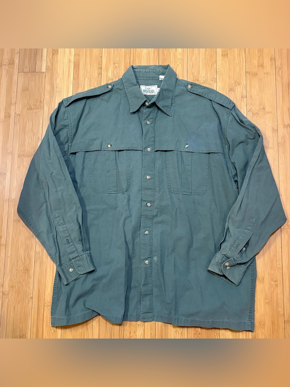Vintage 90s RedHead XL Fishing Shirt Safari Outdoors Green Hong Kong Cotton